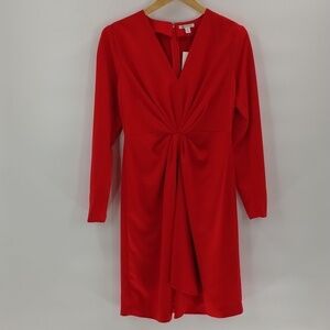 Versona red dress size small long sleeve ruching waist satin feel zip back